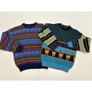 VTG Youth Silver Unicorn Knitted Sweaters Bundle Of Two Both SZ Large Geometric